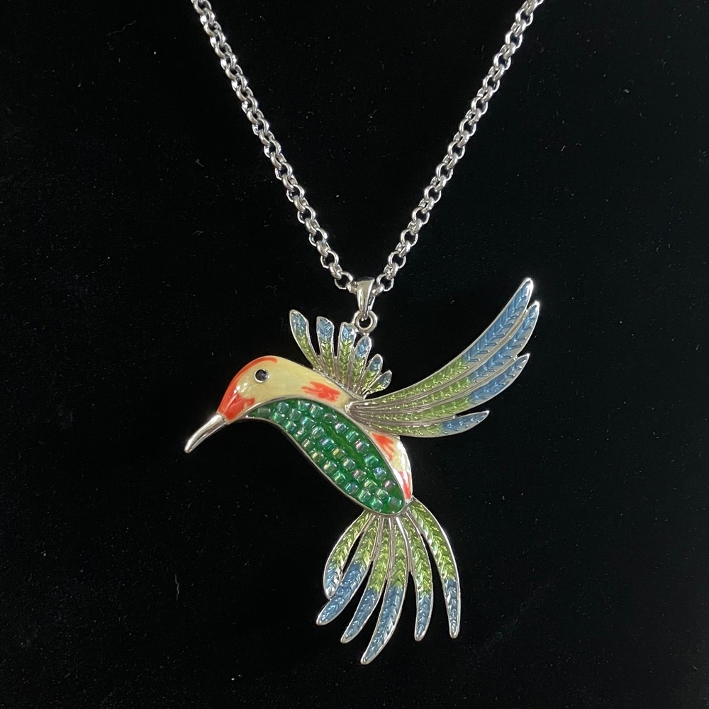 Colorful Long Silver Chain Enamel Hummingbird‎ Pendant Necklace